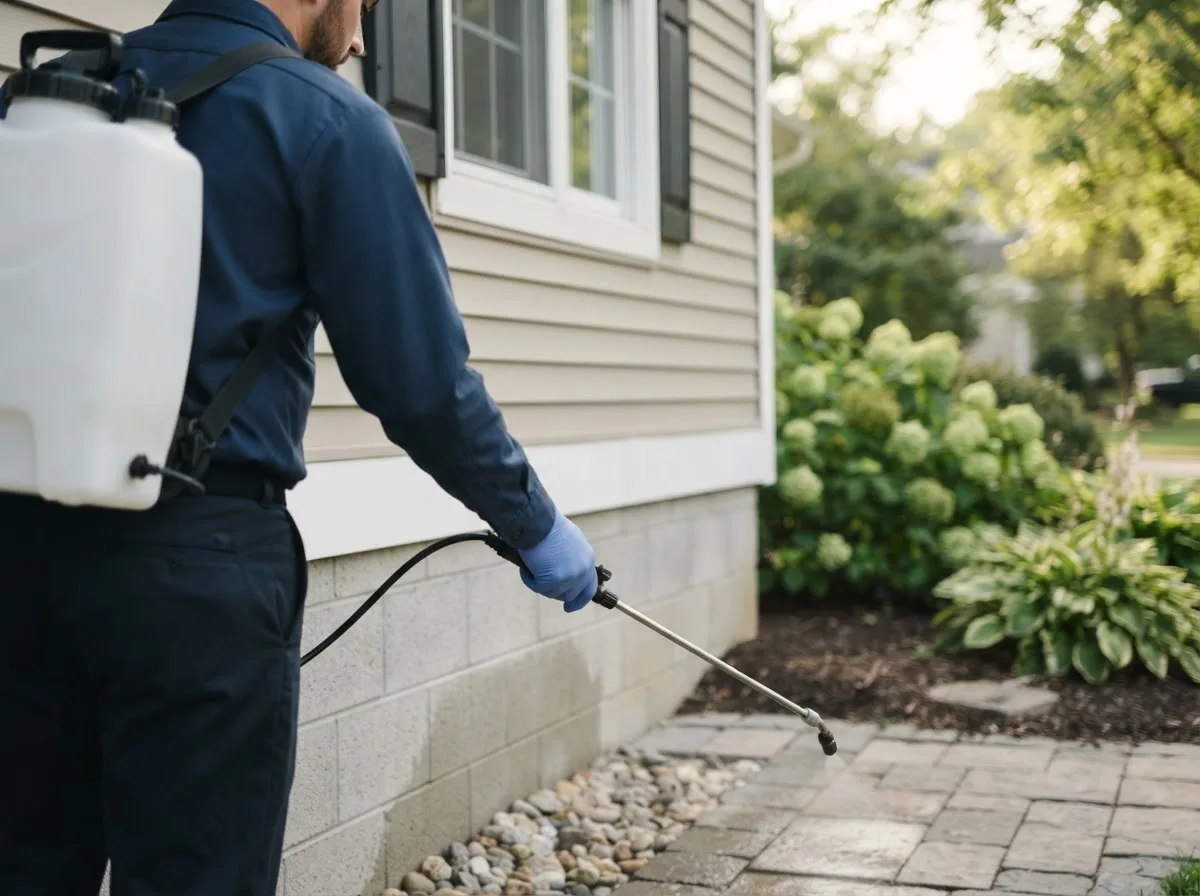 Pest control technician inspecting a home in Lakeland, MI
